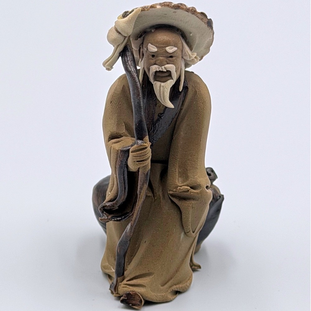 Vintage Chinese Mud Man Figurine Wise Elder Seated with Staff 2.25 inch